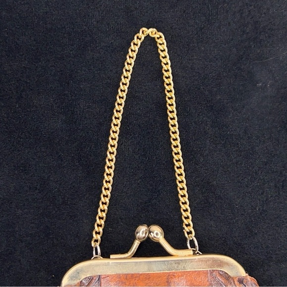 HANDMADE TOOLED LEATHER COIN PURSE GOLD CHAIN PAINTED FLEUR DE LIS WESTERN - Picture 14 of 14